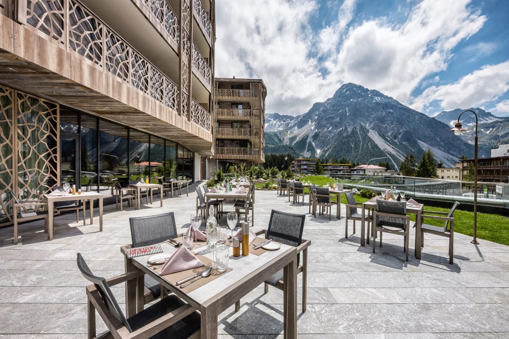 Terrace with mountain view at the Valsana Hotel as advertised by Kiwano Hotels